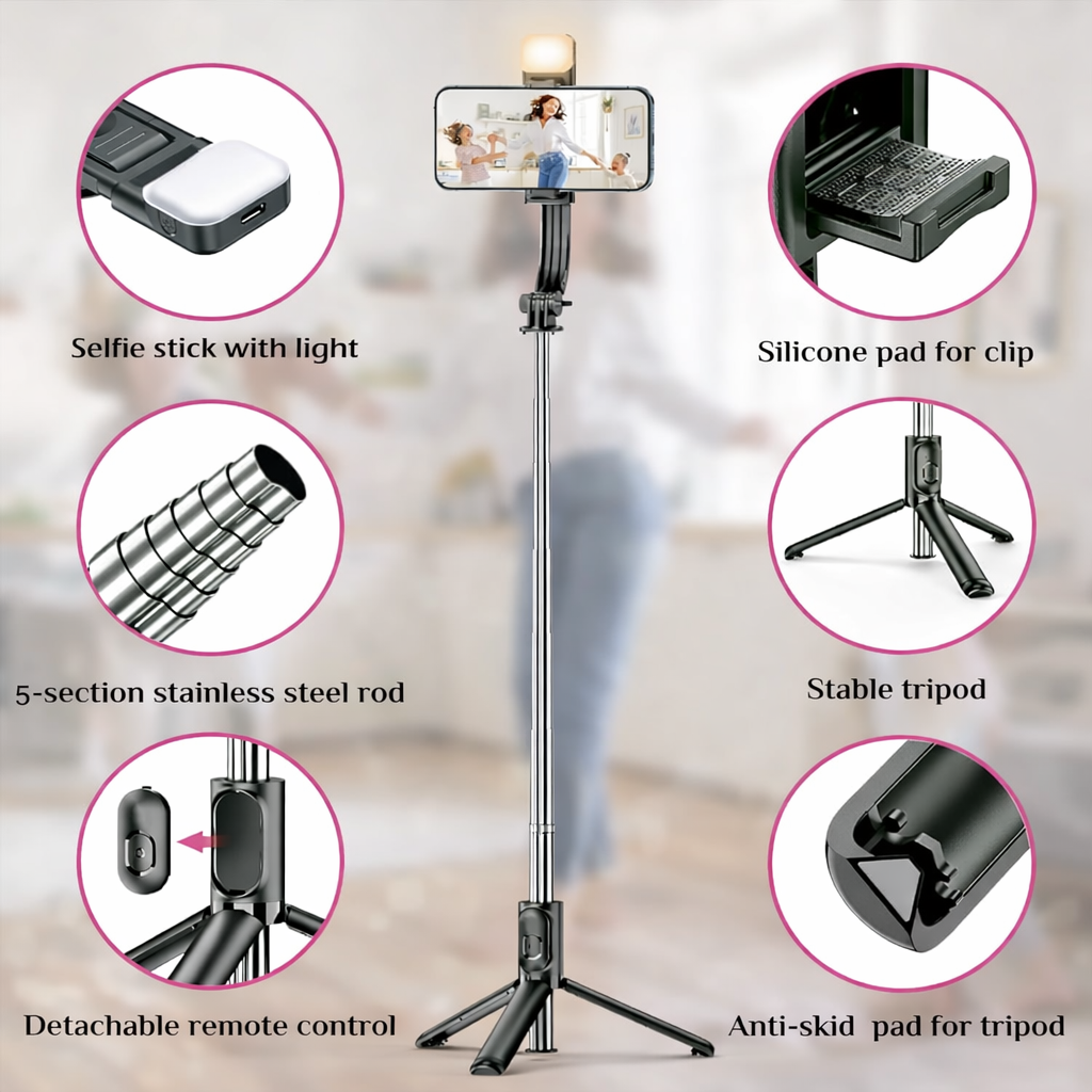 3-in-1 Selfie Stick Tripod with LED Light & Bluetooth Remote