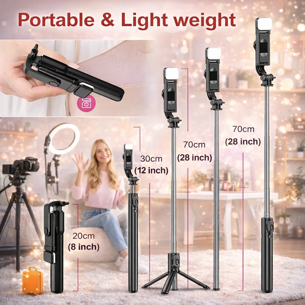 3-in-1 Selfie Stick Tripod with LED Light & Bluetooth Remote