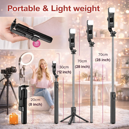 3-in-1 Selfie Stick Tripod with LED Light & Bluetooth Remote
