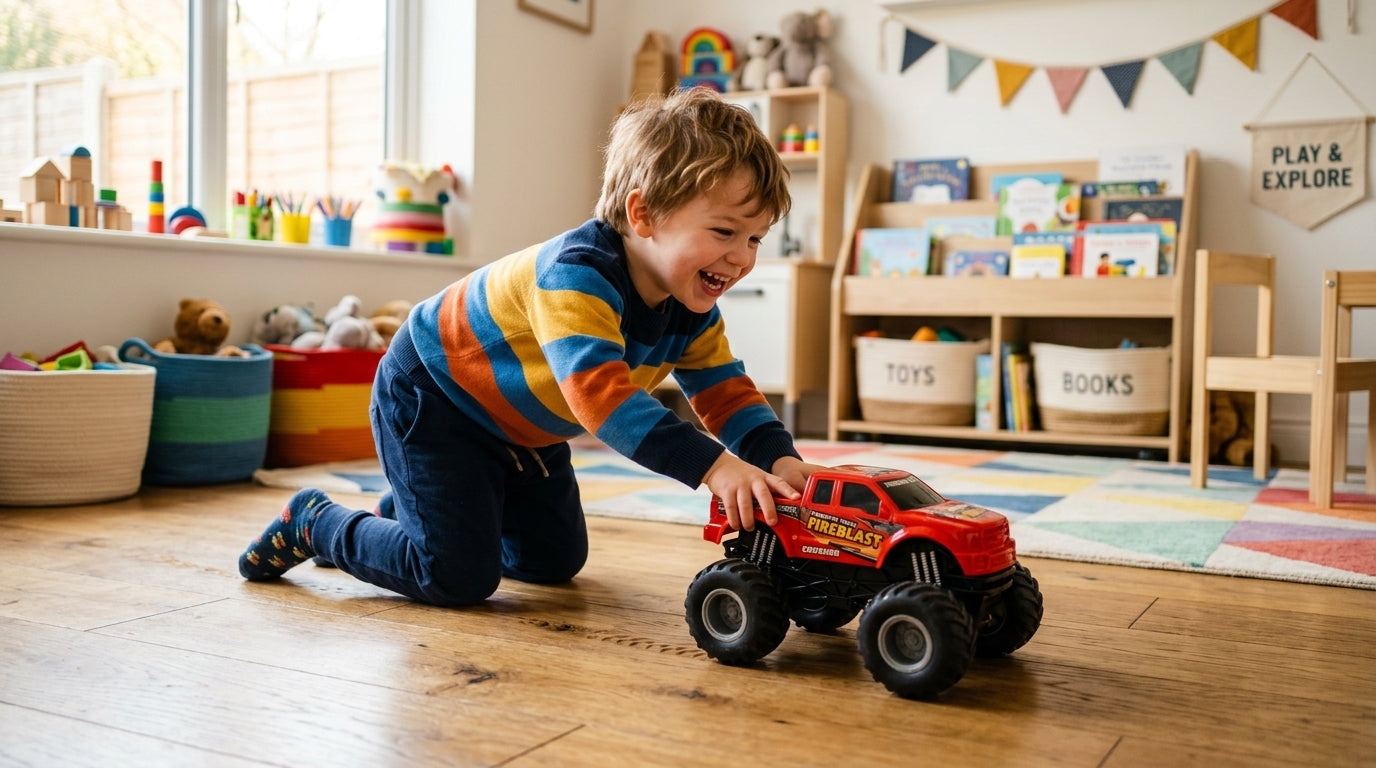 Boy playing with stunt truck