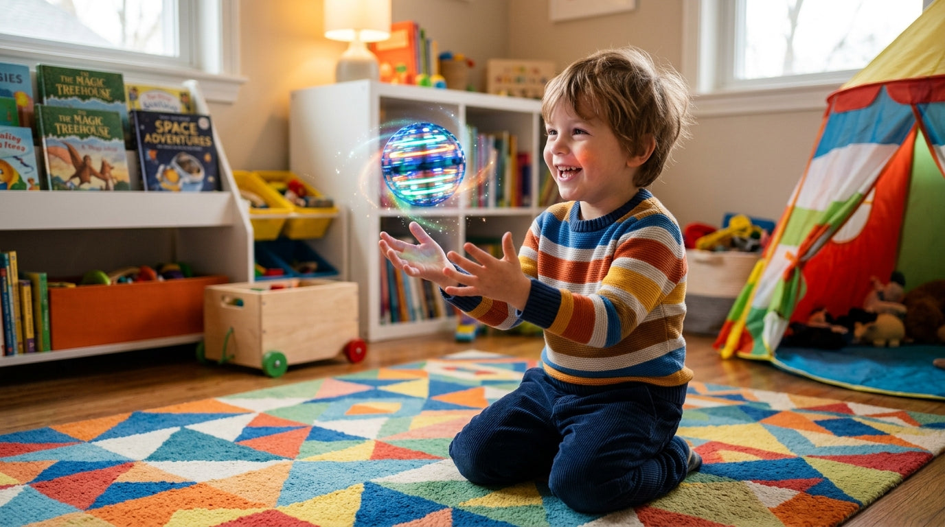 Boy playing with flying spinner