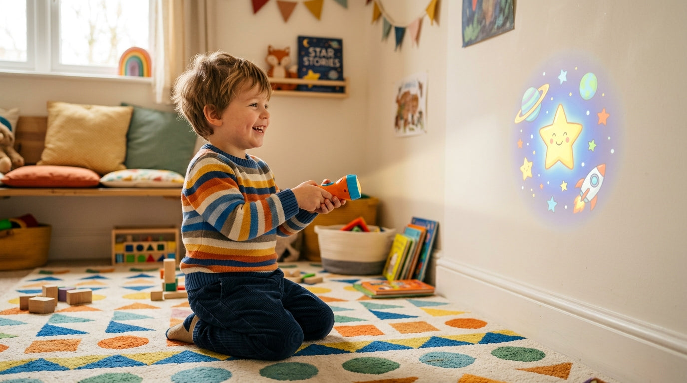 Boy playing with story projector